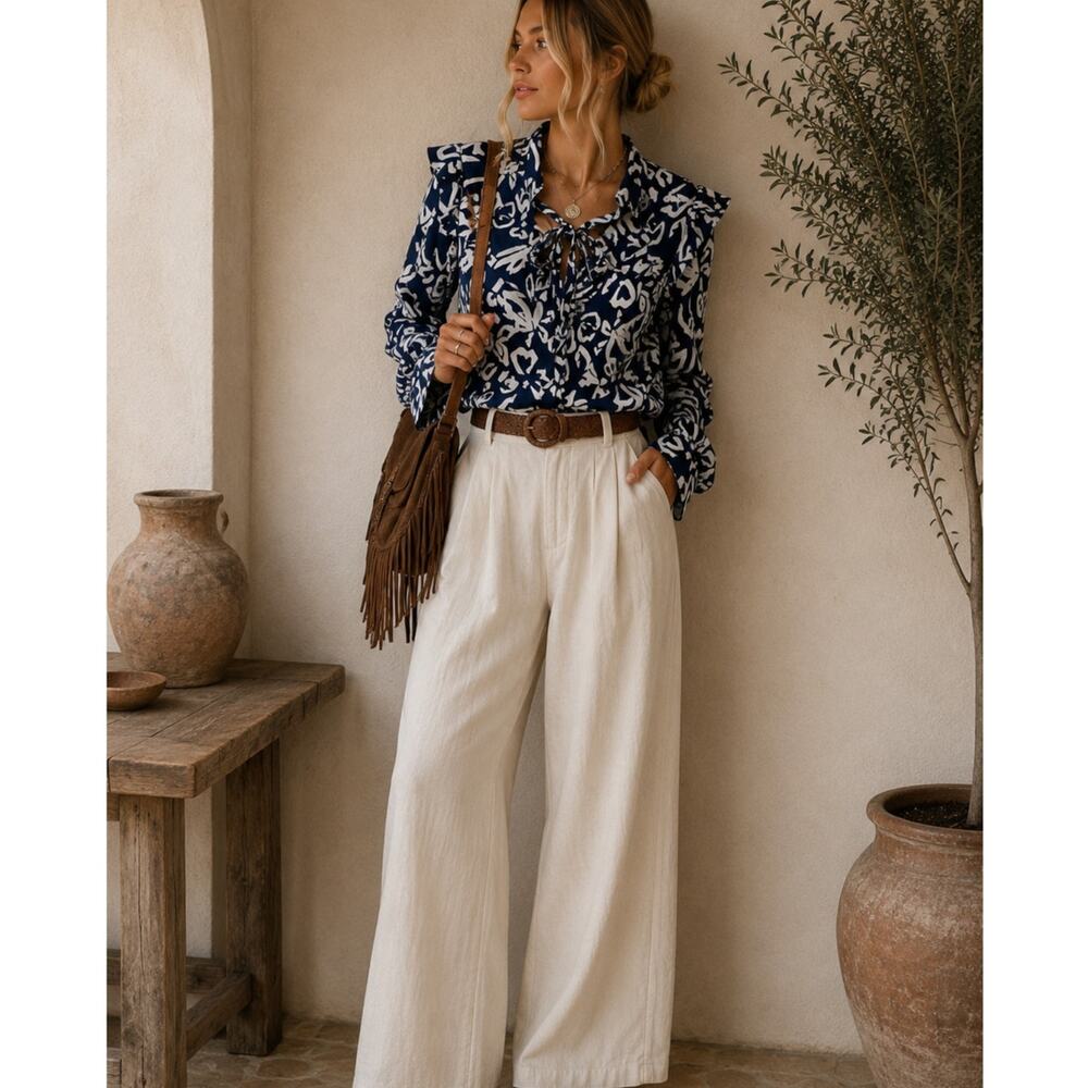 Tanya Taylor Blue White Silk Ruffled Button Down Shirt Womens 2 Coquette Blouse